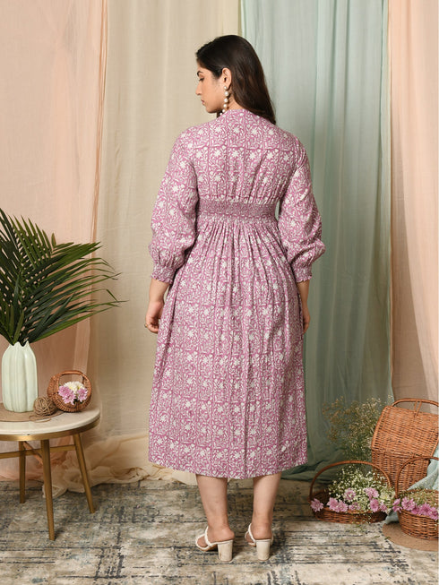 MULMUL TURVI FLORAL BLOCK PRINTED DRESS MULMUL TURVI FLORAL BLOCK PRINTED DRESS